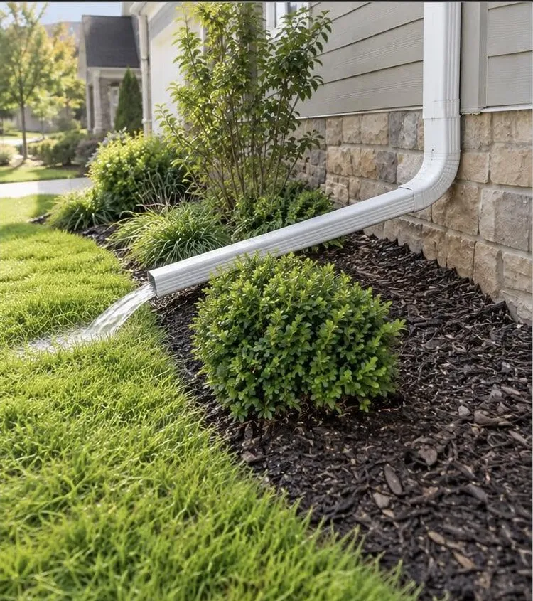 The same downspout with an extension carrying water out onto the lawn