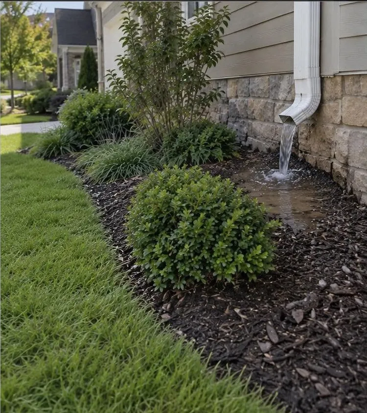 Downspout emptying into a mulch bed and pooling next to the foundation